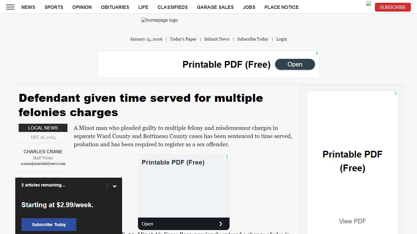 Defendant given time served for multiple felonies charges News, Sports, Jobs - Minot Daily News